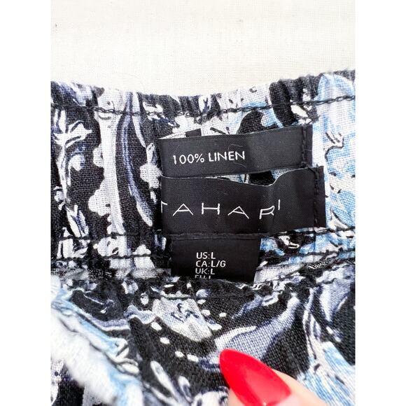 Tahari Linen Wide Leg Pants Large Blue Black Paisley Print Pull On Ankle Crop - Picture 4 of 5